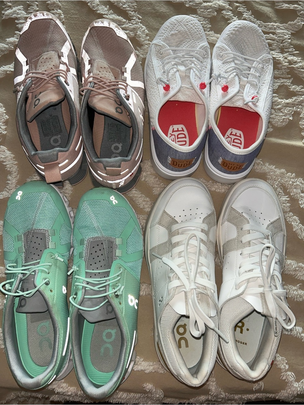 Lot of three on cloud, and one hey dude shoes, size 8